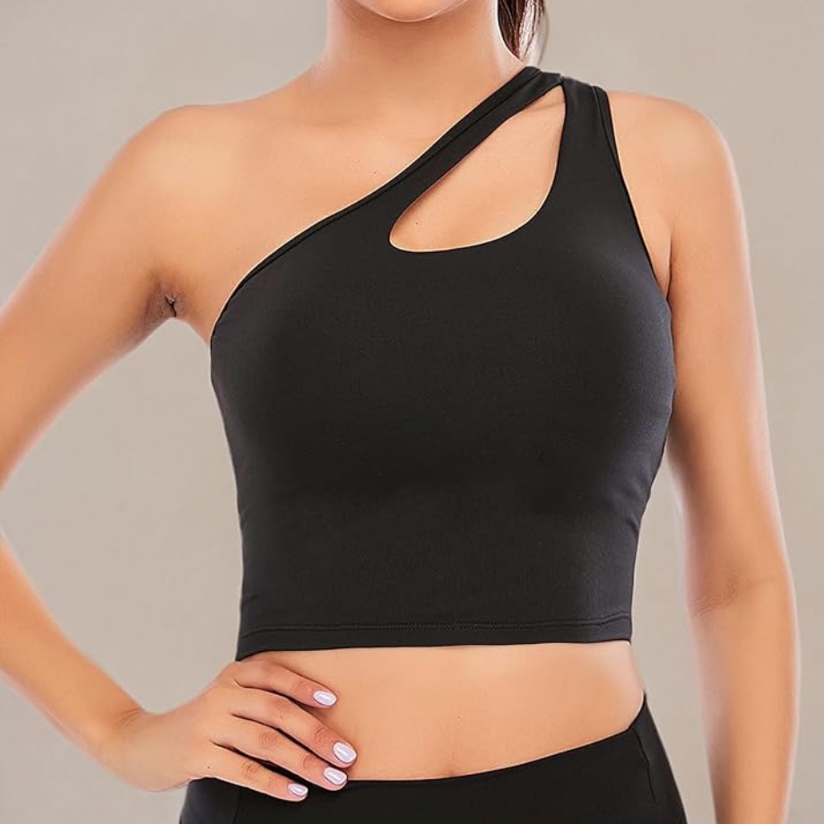 Black One Shoulder Sports Bra Crop Top With Cups In New In Original Package